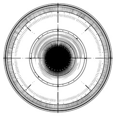 Poster - Detailed circular target design with radial lines and concentric rings in black and white style drawing