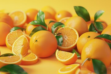 Poster - Ripe oranges and orange slices with green leaves create a refreshing display on a vibrant yellow backdrop