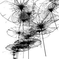 Poster - A cluster of abstract floral shapes with radiating lines and thin stems in a monochrome composition