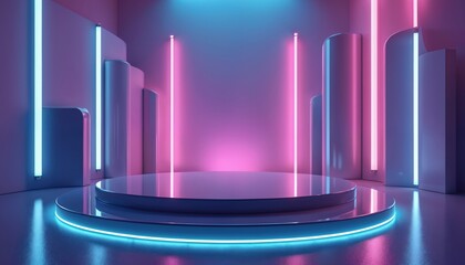 Poster - Modern empty stage with neon lighting. Purple, blue glowing tubes create futuristic scene for product presentation. 3d rendering of empty studio with reflective surface. Cyberpunk, minimalist,