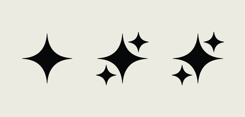 Minimalist black four pointed stars sparkle icons on light beige background