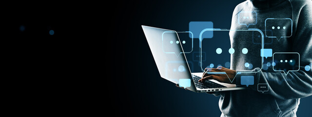 Poster - Person using laptop with floating digital speech bubbles representing online communication, text messaging, and modern technology interface.