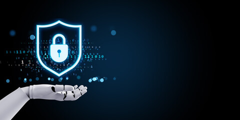 Fototapete - Futuristic robotic hand holding digital hologram padlock symbolizing cyber security and data protection on dark abstract background. 3D Rendering