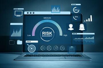 Fototapete - Digital interface showing risk management dashboard on laptop screen with data icons, analytics graphs, and fintech symbols in blue tone background. 3D Rendering