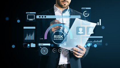 Poster - Businessman analyzing financial risk management data using digital dashboard interface on light tech background for corporate finance concept.