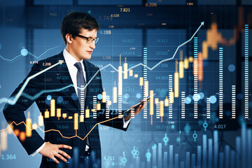 Poster - Businessman analyzing financial market data on digital tablet with charts and graphs overlaid, symbolizing investment and stock trading growth.