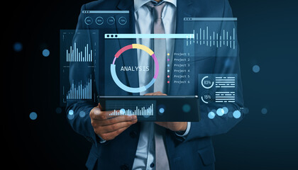Poster - Businessman analyzing financial data on digital tablet with virtual dashboard showing analytics charts, graphs, and performance metrics.