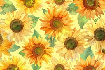 Poster - Seamless pattern of blooming sunflowers with green leaves on a yellow background creates a cheerful and vibrant summer design