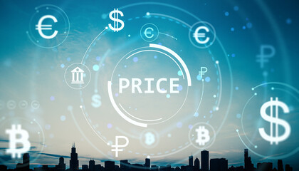 Poster - Digital currency symbols and price interface on futuristic fintech background with city skyline and glowing financial signs in circular layout.