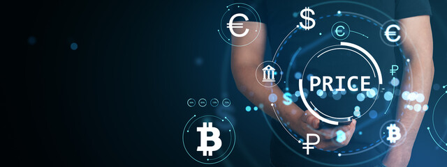 Poster - Businessman holding smartphone with digital currency price interface and financial icons in futuristic holographic style on dark background.