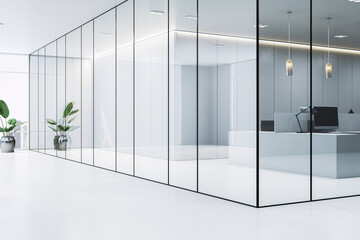 Poster - Modern bright corporate office interior with glass partitions, clean white floor, and minimalistic desk setup in daylight workspace environment. 3D Rendering