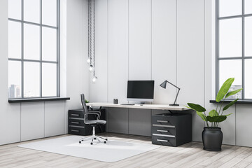 Poster - Modern executive office workspace with minimalist decor, sleek furniture, and large windows in a bright upscale corporate interior room design. 3D Rendering