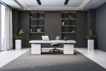 Poster - Modern executive office interior with dark wood walls, white desk, stylish furniture, and bookshelf background in luxury workspace setting. 3D Rendering