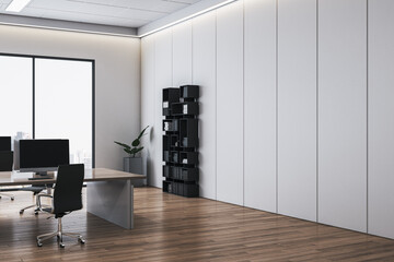Poster - Modern spacious office interior with minimalist furniture and wooden flooring featuring a bright window view and clean corporate design. 3D Rendering