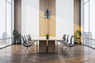 Poster - Modern conference room with sleek wooden table, black chairs, large windows and city view in bright interior design workspace setting. 3D Rendering