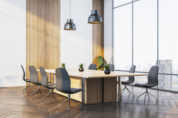 Poster - Modern corporate boardroom with wooden interior, stylish desk, dark chairs, and panoramic city view through large glass windows. 3D Rendering
