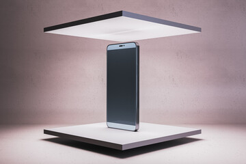 Poster - Modern smartphone standing upright between two floating platforms with clean lighting on minimal pink background. Futuristic branding concept. 3D Rendering