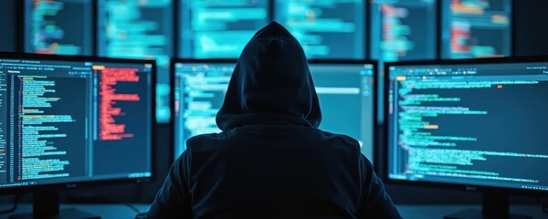 Poster - Hacker in hoodie hacks computer system, cybercrime attack. Cyber criminal uses computer code, exploiting network vulnerabilities for illicit purposes, data theft. Digital theft concept, security