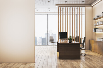 Poster - Modern executive office interior with wooden desk, minimal decor, large window view, and blank wall space for mockup or poster display concept. 3D Rendering