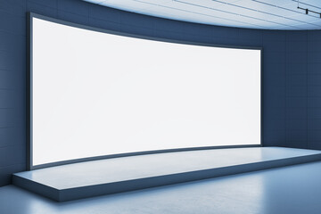 Poster - Curved empty stage with large blank digital screen in modern auditorium interior for business presentation or event mockup display background. 3D Rendering