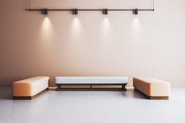 Poster - Contemporary gallery interior with blank beige wall, soft benches, and ceiling spotlights for artwork display and branding mockup template. 3D Rendering