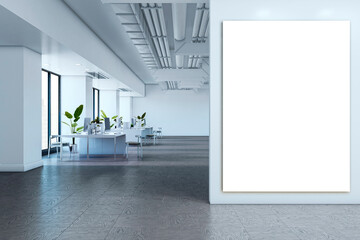 Poster - Blank vertical poster mockup on white wall in modern office interior with open workspace and large windows in corporate business setting. 3D Rendering