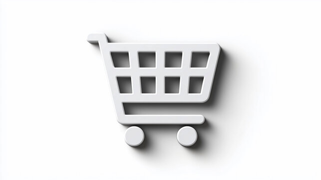 3D rendered minimal shopping cart icon isolated on white background, ideal for ecommerce, retail, and online store visuals