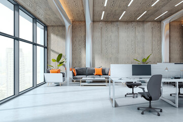 Poster - Modern corporate office interior with sleek furniture, glass windows, wooden elements and lounge area featuring contemporary workstations. 3D Rendering