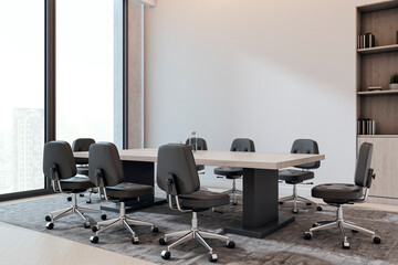 Poster - Modern corporate boardroom interior with large desk and executive chairs in high-rise office space with city view and clean design aesthetics. 3D Rendering