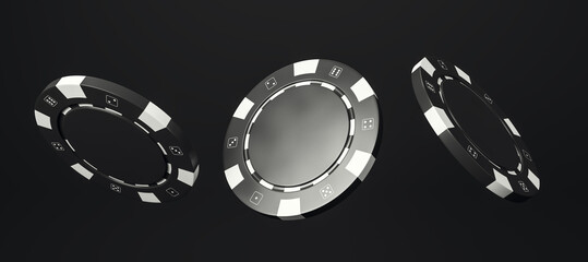Poster - Three blank black and white casino chips in motion on dark background as gambling and poker game concept design element template mockup. 3D Rendering