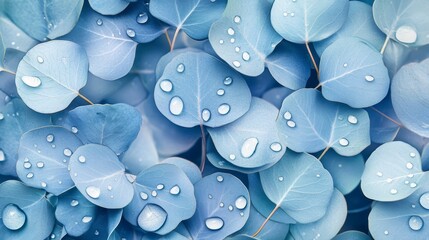 Wall Mural - close-up of blue eucalyptus leaves with water droplets.