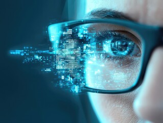 Fototapete - Business management digital concept. Close-up of a digital eye with data visualization in glasses, symbolizing technology and vision.