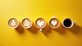 Various hot coffees in ceramic cups line up on yellow background. Coffee art designs leaf, heart, froth. Espresso, cappuccino, latte with milk foam. Coffee shop, cafe, breakfast, cozy atmosphere.