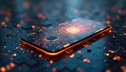 Poster - Smartphone device with circuit board design. Digital tech, communication concept. Electronic gadget with advanced tech, glowing light effect. Cyber world, network, data transfer, connection. AI,