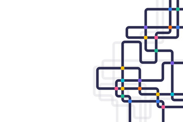 Poster - Curved multicolor lines and dots forming a complex circuit path layout on white background, suitable for network, technology, or communication themes.