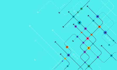 Aufkleber - Dynamic abstract grid map with colorful nodes and arrows on cyan background, perfect for transport, technology, direction, or data flow themes.