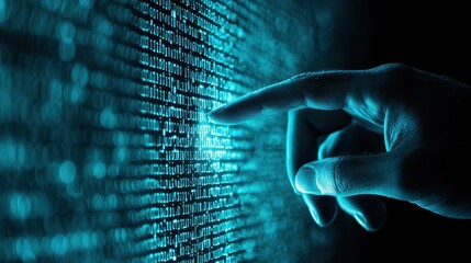 Fototapete - Business manager presentation concept. Digital hand reaching towards binary code on a glowing screen.
