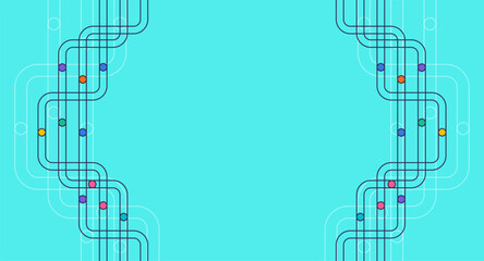 Poster - Symmetrical curved black lines with colorful dots create a modern border frame on a bright blue background, perfect for infographics and layouts.