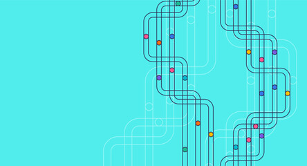 Poster - Symmetrical curved black lines with colorful dots create a modern border frame on a bright blue background, perfect for infographics and layouts.