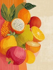 Poster - Vibrant Tropical Fruit Art Composition Featuring a Variety of Fruits and a Textured Background in a Bold, Flat Style