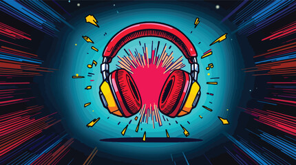 Poster - Stylish illustration of red headphones with dynamic graphic elements for music and audio.