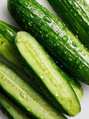 Poster - Fresh-cut Cucumbers Glistening With Water Droplets on a Clean White Background Highlighting Their Vibrant Green Tones