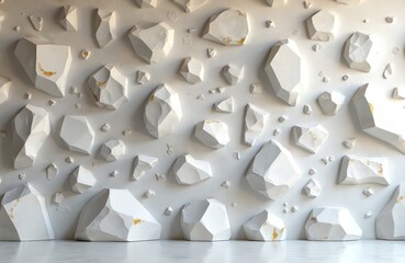 Poster - White textured wall abstract geometric rock patterns. Modern minimalistic design. White rock elements with gold accents. Perfect for interior design concepts wallpaper or artistic background.