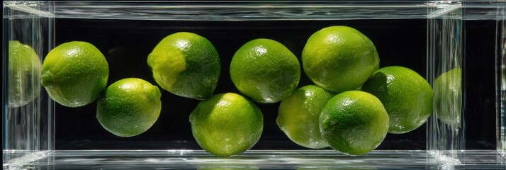 Poster - Floating Limes in a Transparent Cube Structure Create a Surreal Composition Against a Dark Background