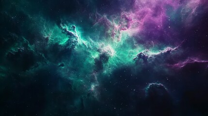 Poster - Vibrant nebula with teal and purple hues, cosmic dust and stars.
