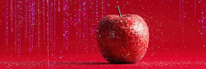 Aufkleber - Creative Red Apple With Pixel Glitch Effect and Text Space Above Set Against a Vibrant Red Background