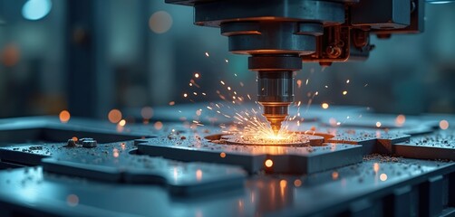 Poster - CNC milling machine cutting metal part with sparks. Machining process at hi-tech factory. Modern metalworking, automated machinery. Production, engineering, precision manufacturing.