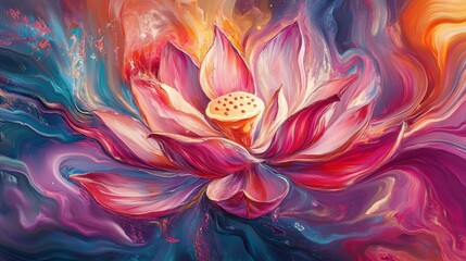 Poster - Vibrant abstract painting of a lotus flower in swirling colors.