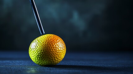 Poster - Close-up of a golf ball-like object with a metallic stick poised above it, set against a dark, moody background.