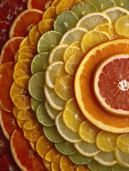 Poster - Cross-section of Various Citrus Fruits Arranged in Concentric Circles Highlighting Vibrant Colors and Textures in a Clean Upper Third